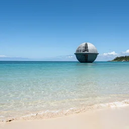 a beautiful beach front clear skies, crystal clear water with the death star in the backround, ultra hd