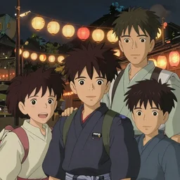a film still japanese boys at a night festivity, dressed in traditional garbs, in a street lit by lanterns, finely detailed features, closeup at the faces, perfect art, dramatic light, trending on pixiv fanbox, painted by greg rutkowski makoto shinkai takashi takeuchi studio ghibli, akihiko yoshida