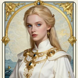 portrait of a alluring young priestess in ornamental white robes, gold accessories, face details, blond hair, ponytail, white skin, blue eyes, sharp focus, award - winning, masterpiece, highly detailed, intricate, by rebecca guay, rossdraws, tarot card border