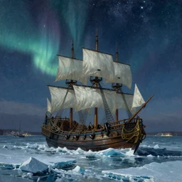 Baroque Painting of a Pirate ship stuck in ice on cold sea by Ilya Repin. star lit sky, ultra realistic. Northern lights, Cinematic composition
