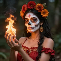 a beautiful mexican goddess. she represents death and fertility. she appears as the fire goddess, and a young beautiful indigenous mexican woman. in the style of big daddy roth aesthetic, contemporary art aesthetic, andre breton photographic aesthetic, mad magazine aesthetic