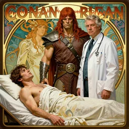 conan the barbarian dressed as a orthopedic doctor with a nervous patient laying in bed nexterratic air sign, cinematic portrait by artgerm, cushart krenz, greg rutkowski, mucha. art nouveau. gloomhaven, gleaming vibrant colors, sharp edges. ultra clear detailed. 8 k. elegant, intricate, octane render