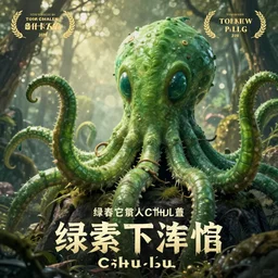 a movie poster for the film (green tentacle Cthulhu) by Tom Whalen, highly detailed, award winning creature portrait, fantasy, artstation
