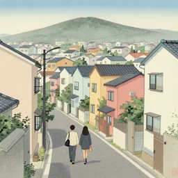 a couple walking on the streets of a city filled with different coloured bungalows, style of Japanese Painting, mellow colours