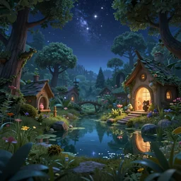 a whimsical fairyland with a pond, starry sky, ambient lighting, fantasy art, computer render style art, unreal engine