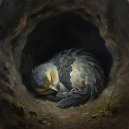 small monster bird rolled up for sleep in a dark cave, fantasy painting, oil on canvas, dramatic lighting, emotional ,