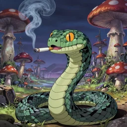 A centered chest up portrait of a psychedelic demonic anthropomorphic snake smoking a hand-rolled cigarette smoking heavily , magic mushroom village in background , IMAX cel animation by tokyo movie shinsha , award winning. superb resolution. in the art style of junji Ito and greg rutkowski . Detailed Mushroom city in background. Hyper realistic anime. Perfect art. Dalle2