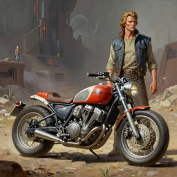 moebius and ralph mcquarrie style retro motorbike motorcycle futuristic sci - fi painting, thx 1 1 3 8, logan's run, star wars