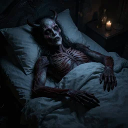 your sleep paralysis demon is watching you in bed at night, dark, creepy, highly detailed, octane render, artstation, 8 k, unreal engine