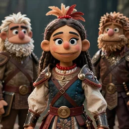 detailed ultrarealistic photography front medium shot of ethnic muppet puppet warrior girl leyendecker, norman rockwell, greg rutkowski, jim henson artstation cinematic, vray game of thrones, lord of the rings
