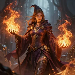 A hyper-detailed image of concept art of a female wizard, fire element as painted by Marieke Nelissen, HD, hyper-fidelity, ray tracing, god rays, digital art, trending on artstation, artstationHD, artstationHQ, 4k, 8k