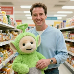Arnold Schwarzenegger as a teletubbies in the food court of a mall in the 90s