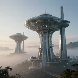 early morning, glass spaceship, tall structures, fog, unreal engine, artstation, Syd Mead