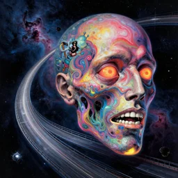 a glowing space highway winding through a nebula to a psychedelic dismembered head hallucinating, by noriyoshi, ohrai and richard corben and peter elson, highly detailed
