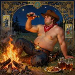 a dramatic, epic, ethereal painting of a !!handsome!! thicc beefy mischievous shirtless !!cowboy!! with a beer belly wearing a large belt and bandana offering a whiskey bottle | he is relaxing by a campfire | background is a late night with food and jugs of whisky | homoerotic | stars, tarot card, art deco, art nouveau, intricate | by Mark Maggiori (((and Alphonse Mucha))) | trending on artstation