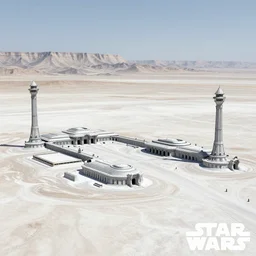 star wars concept art by greg rutkowski, salt plains with plateaus in the background, there are buildings and towers of a military base, very bright cinematographic light, hot and hostile atmosphere, artstation hq