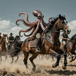 an octopus riding a horse leading the charge, epic, John Carpenter