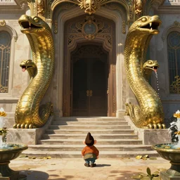 establishing shot, character dwarfed by colossal brass snake statues, animation key shot of the great temple, door, stone steps, symmetrical statues, sunlight, ornate, rust, art deco, versailles, fountain!!!! with gold lily pads!!!, by the best artist, fantastic architecture, dry, dusty, dappled sunlight