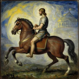 a scythian, gregorian painting of a man riding on the back of a horse by bastien l. deharme, featured on artstation, neoplasticism, lovecraftian, gothic, artwork