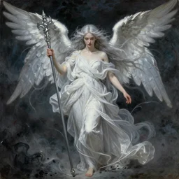 thin beautiful angel, pale wan, dark chaotic heave heavenly energy powered staffs seraphim curvy feminine angel, long flowing silver hair covering her whole body, beautiful!!!, flowing silver hair, flowing white robes, flowing hair covering front of body, white robe, white dress!! of silver hair, covered!!, clothed, in the style of jean delville, lucien levy - dhurmer, fernand keller, fernand khnopff, oil on canvas, 1 8 9 6, 4 k resolution, aesthetic, mystery