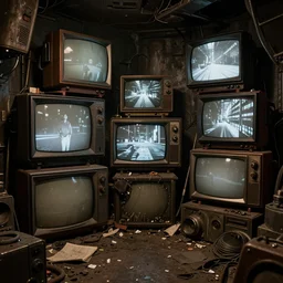 Steampunk interior, television screens, random technology, other junk, rubbish, dirty, photographic quality, directed by Stanley Kubrick, atmospheric lighting, cinematic, trending on artstation, octane render