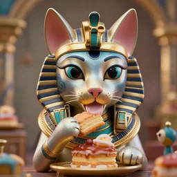 highly detailed closeup face portrait of a tin toy egyptian cat goddess eating cakes, unreal engine, nicoletta ceccoli, mark ryden, earl norem, lostfish, global illumination, detailed and intricate environment