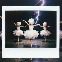 polaroid of headless dancers that are made from cotton candy, smoke and clouds, lightning strike