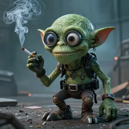 Gollum cyberpunk smokes cigarette