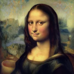 beautiful tan latina woman, landscape, prominent rosy cheek bones, black hair and brown eyes, monet and da vinchi art style,