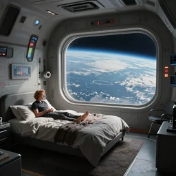 space station futurisitc bedroom with window overlooking earth, by greg rutkowsky and ivan shishkin,
