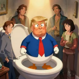 chubby donald trump inside toilet bowl, ben hur, loftis, cory behance hd by jesper ejsing, by rhads, makoto shinkai and lois van baarle, ilya kuvshinov, rossdraws global illumination
