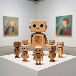 8 k photorealistic, a wooden art toys on a pedestal a cute robot wooden, concept art in a contemporary art gallery