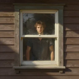 Texture of home, a man in the window, view from front