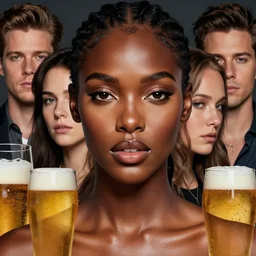 stunning goddess of beers portrait, dark skin. realistic, symmetrical face. art by bowater charlie, mark brooks, julie bell, arian mark, tony sandoval