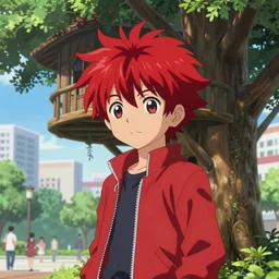 red - haired anime boy, 1 7 - year - old anime boy with wild spiky hair, wearing red jacket, standing under tree house in city plaza,, ultra - realistic, sharp details, subsurface scattering, intricate details, hd anime, 2 0 1 9 anime