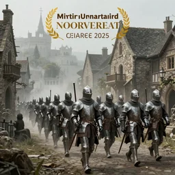 Concept art of a group of knights marching through a town, hyper realistic art style, outstanding visuals, wide shot, foggy, fantasy inspired, extreme detail, award winning