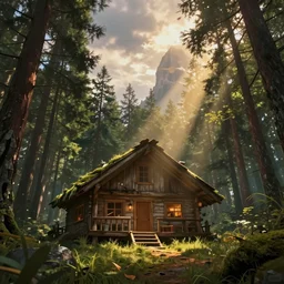 huge scene, art greg rutkowski, concept art of an inside of a cabin in the woods, by jordan grimmer, cinematic view, low angle, beautiful, concept art, volumetric, warm lighting, epic sky, trending on artstation, grass, detailed, high detail, vivid, godrays