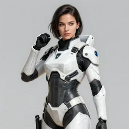 portrait of special force female wearing futuristic white and black tactical gear by atey ghailan, armor, armed, return from the battlefield, intricate, highly detailed, digital painting, artstation, glamor pose, portrait, smooth, sharp focus, illustration, concept art by greg rutkowski, simon stalenhag, greg tocchini, kaethe butcher