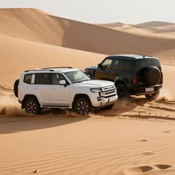 white land cruiser crashed into back of black new defender on a sand dune