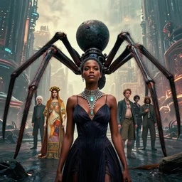 realistic detailed photorealistic portrait movie shot of a beautiful black woman with a giant spider, dystopian city landscape background by denis villeneuve, amano, yves tanguy, alphonse mucha, ernst haeckel, david lynch, edward robert hughes, roger dean, cyber necklace, rich moody colours, wide angle