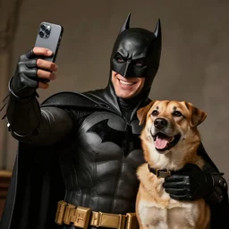Photography, Batman taking a selfie with Dog, big smile