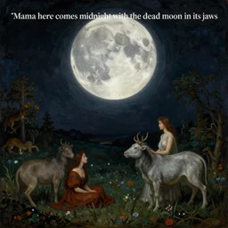 dramatic lighting romantic painting titled'mama here comes midnight with the dead moon in its jaws ', magical realism symbolist, full landscape with hybrid animal figures, painted by arnold bocklin and odilon redon, shocking detail trending on artstation 8 k
