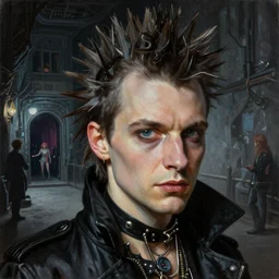 close - up portrait of punk - rocker magician - fantasy, sci - fi painting, dark alley club entrance in the background, highly detailed, by frank frazetta, keith parkinson and greg rutkowski and aleksandra skiba