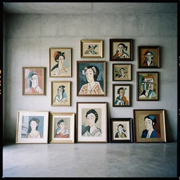 kodak portra 4 0 0, 8 k, wide flashlight shot of a highly detailed, japanese style, colour still - life portrait of a large minimalistic room, rough concrete walls, full of square pictureframes and square picasso paintings,