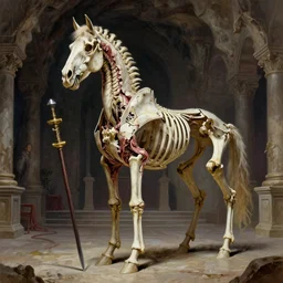 A spiked horse skeleton with armored joints stands in a large cavernous throne room with halberd in hand. Massive shoulderplates. Extremely high detail, realistic, fantasy art, solo, masterpiece, bones, ripped flesh, saturated colors, art by Zdzisław Beksiński, Arthur Rackham, Dariusz Zawadzki, Harry Clarke