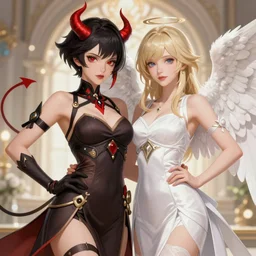 portrait of demonic woman and angelic woman, confident pose, pixie, genshin impact, intricate, elegant, sharp focus, soft bokeh, illustration, highly detailed, concept art, matte, trending on artstation, bright colors, art by wlop and artgerm and greg rutkowski, mucha, giger, marvel comics and beksinski