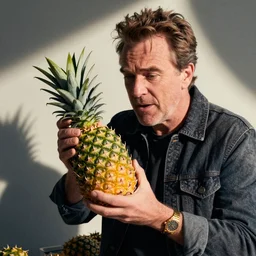 realistic photo of rowan aktinson stealing a pineapple from target