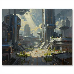 painting by donato giancola, cyberpunk engineering complex plaza