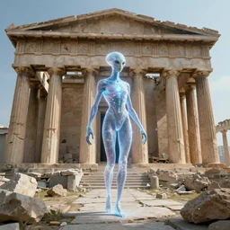 etherael alien being made of light particles exploring the remains of an ancient Greek temple, artstation, cgsociety, 4k