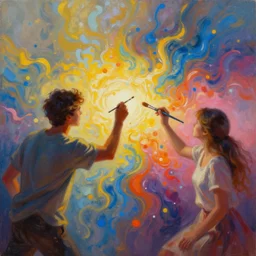 two Artificial Intelligence fighting  with brushes on a canvas to create the most beautiful painting ever, colourful oil painting, digital art, trending on artstation, highly detailed, futuristic,digital engine, luminous,